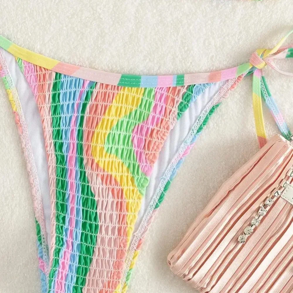 Colorful Striped Triangle Halter Neck Drawstring Two Piece Bikini Sets Swimsuit